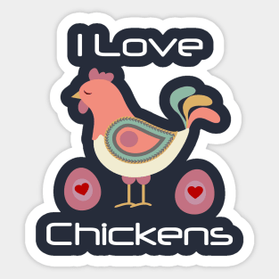 I Love Chickens Cute Folk Art Hen Eggs Sticker